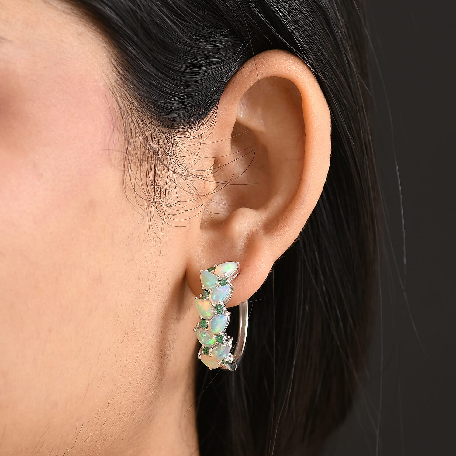 D'Joy Premium Ethiopian Welo Opal and Kagem Zambian Emerald 4.40 ctw Vine Leaf Earrings in Rhodium Over Sterling Silver