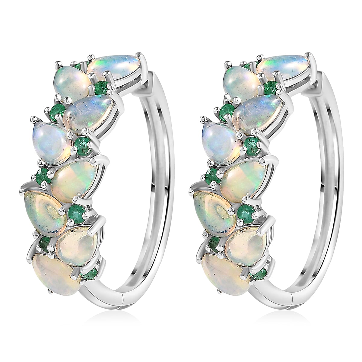 D'Joy Premium Ethiopian Welo Opal and Kagem Zambian Emerald 4.40 ctw Vine Leaf Earrings in Rhodium Over Sterling Silver