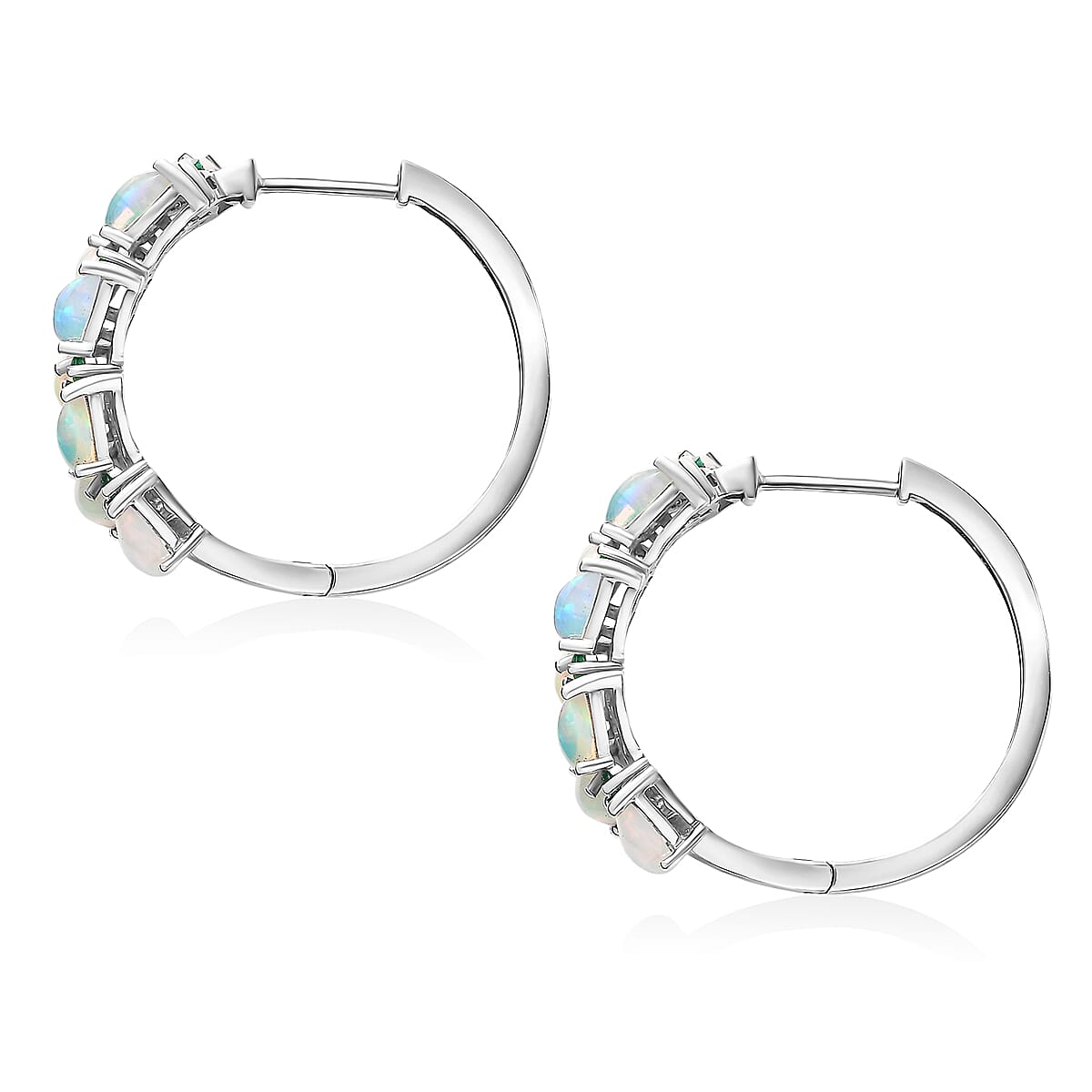D'Joy Premium Ethiopian Welo Opal and Kagem Zambian Emerald 4.40 ctw Vine Leaf Earrings in Rhodium Over Sterling Silver
