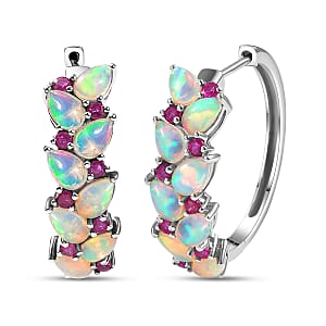 D'Joy Premium Ethiopian Welo Opal and Niassa Ruby (FF) 5.40 ctw Vine Leaf Earrings in Rhodium Over Sterling Silver