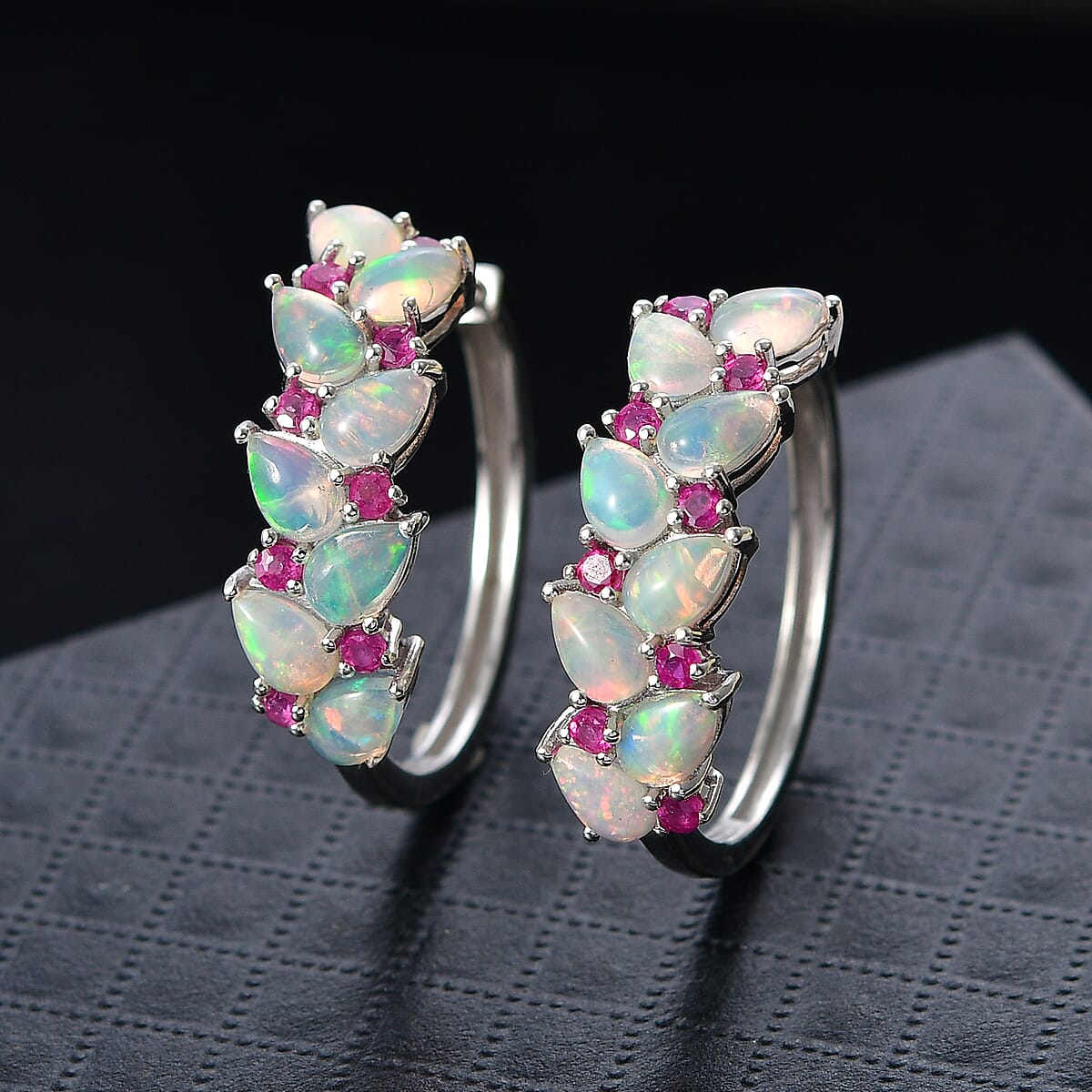 D'Joy Premium Ethiopian Welo Opal and Niassa Ruby (FF) 5.40 ctw Vine Leaf Earrings in Rhodium Over Sterling Silver image number 1
