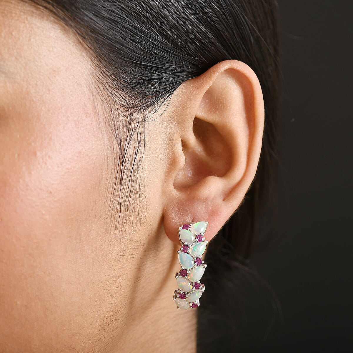 D'Joy Premium Ethiopian Welo Opal and Niassa Ruby (FF) 5.40 ctw Vine Leaf Earrings in Rhodium Over Sterling Silver image number 2