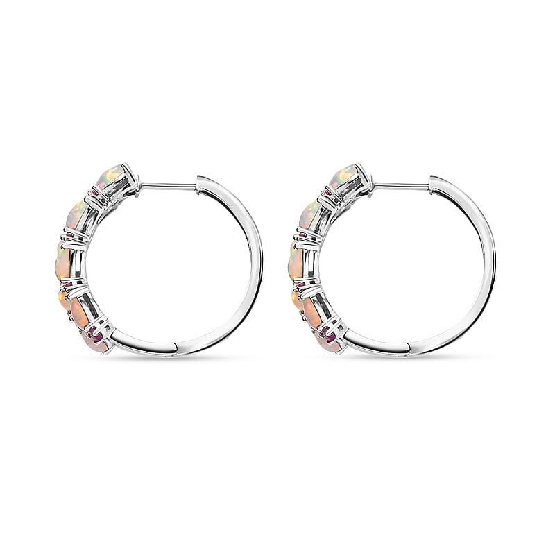 D'Joy Premium Ethiopian Welo Opal and Niassa Ruby (FF) 5.40 ctw Vine Leaf Earrings in Rhodium Over Sterling Silver