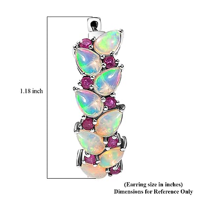 D'Joy Premium Ethiopian Welo Opal and Niassa Ruby (FF) 5.40 ctw Vine Leaf Earrings in Rhodium Over Sterling Silver