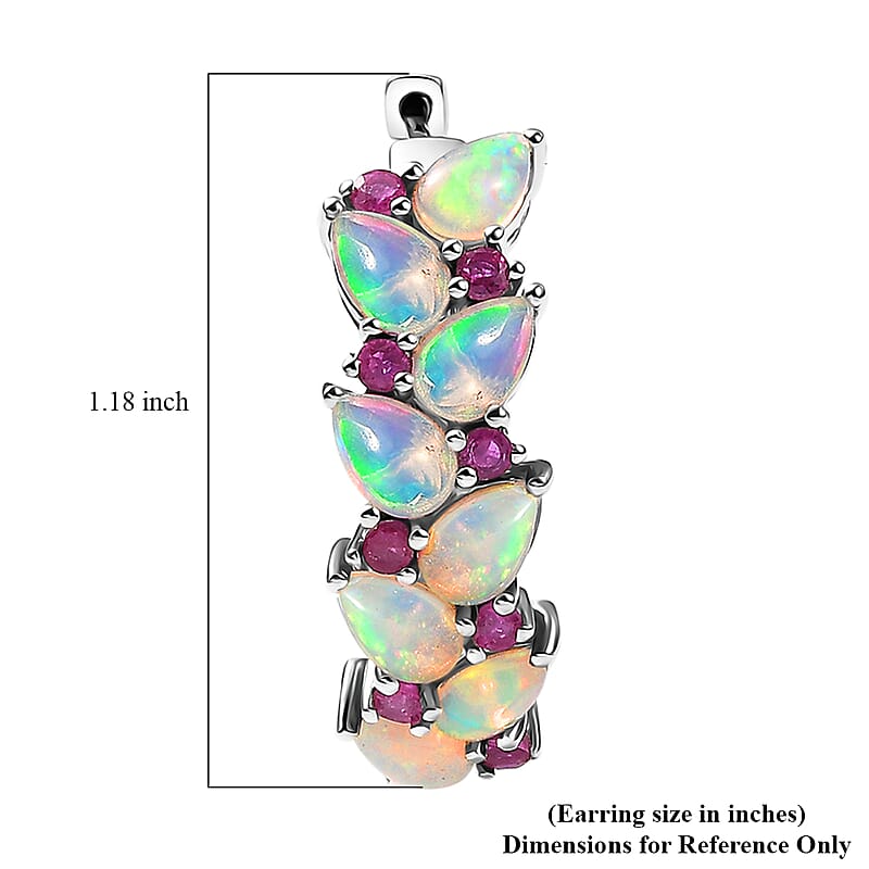 D'Joy Premium Ethiopian Welo Opal and Niassa Ruby (FF) 5.40 ctw Vine Leaf Earrings in Rhodium Over Sterling Silver