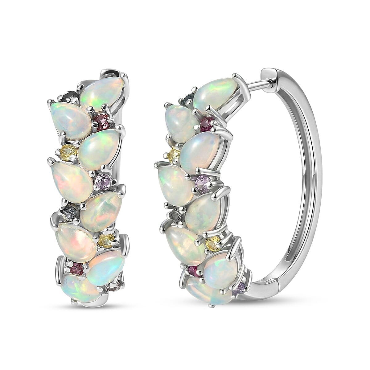 D'Joy Premium Ethiopian Welo Opal and Multi Sapphire 4.60 ctw Vine Leaf Earrings in Rhodium Over Sterling Silver