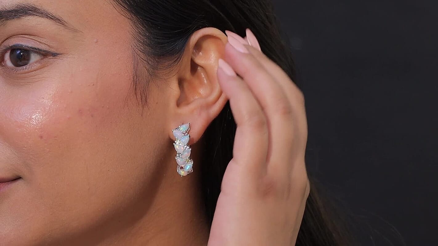 D'Joy Premium Ethiopian Welo Opal and Kagem Zambian Emerald 4.40 ctw Earrings in Rhodium Over Sterling Silver