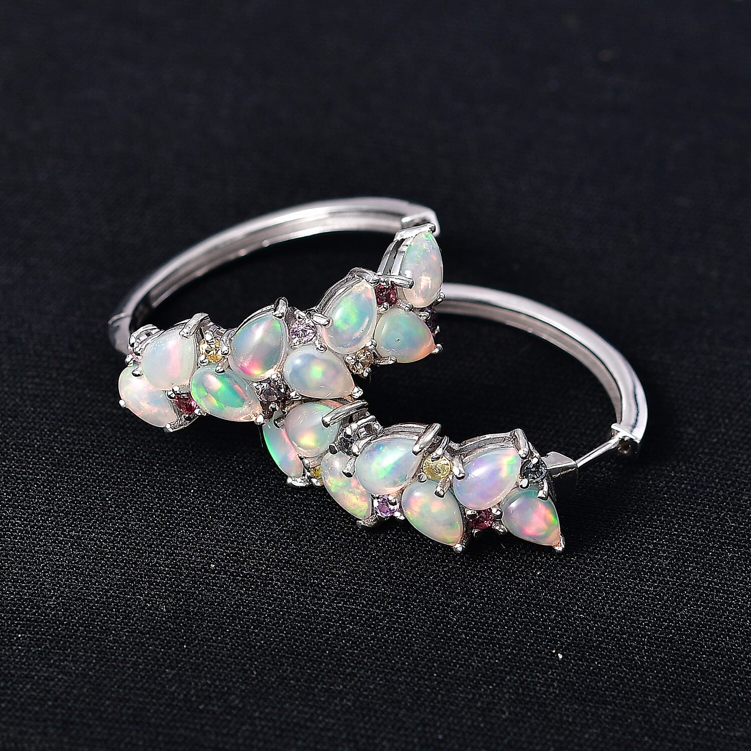 D'Joy Premium Ethiopian Welo Opal and Multi Sapphire 4.60 ctw Vine Leaf Earrings in Rhodium Over Sterling Silver