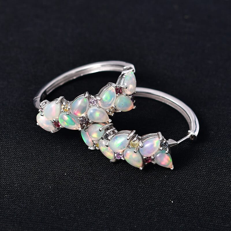 D'Joy Premium Ethiopian Welo Opal and Multi Sapphire 4.60 ctw Vine Leaf Earrings in Rhodium Over Sterling Silver