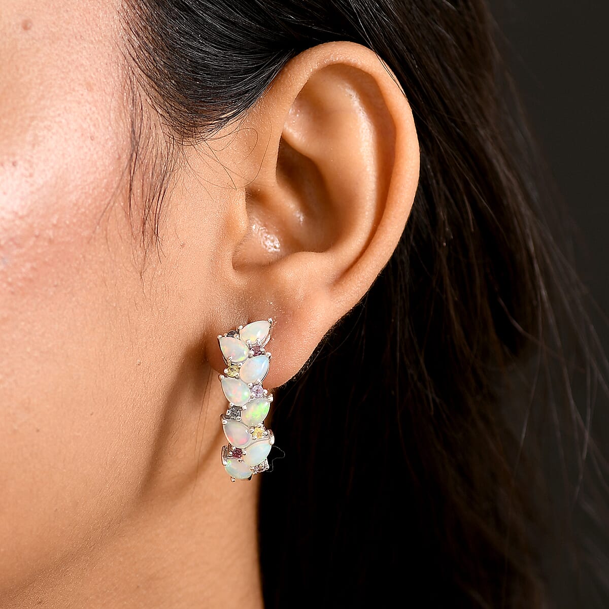 D'Joy Premium Ethiopian Welo Opal and Multi Sapphire 4.60 ctw Earrings in Rhodium Over Sterling Silver image number 2