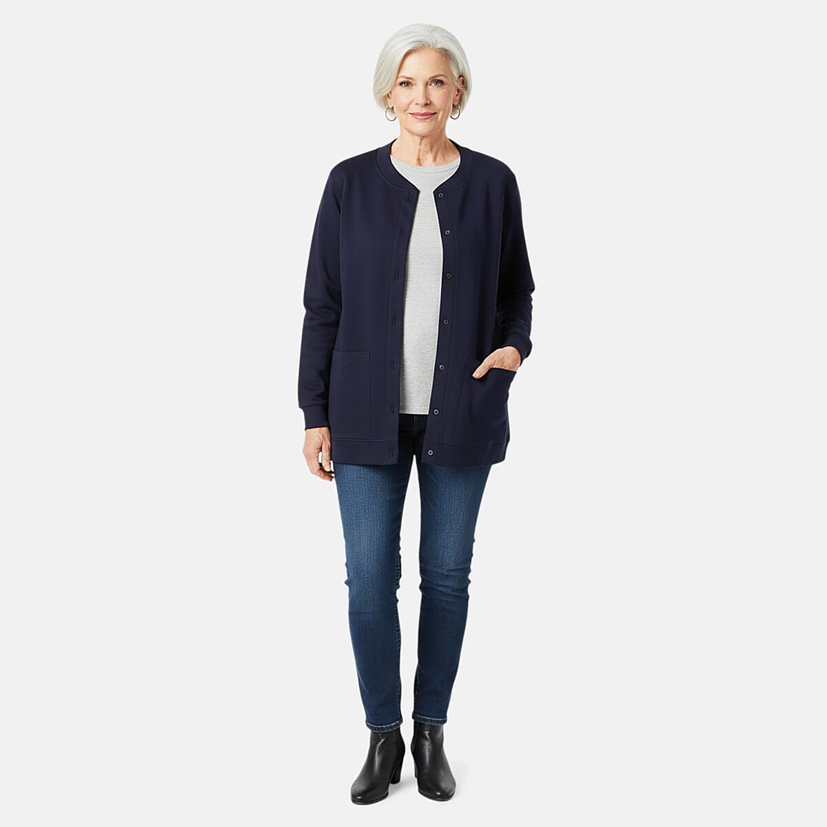 CATALOGUE CLASSIC Navy Snap Front Fleece Cardigan with Pockets - M image number 0