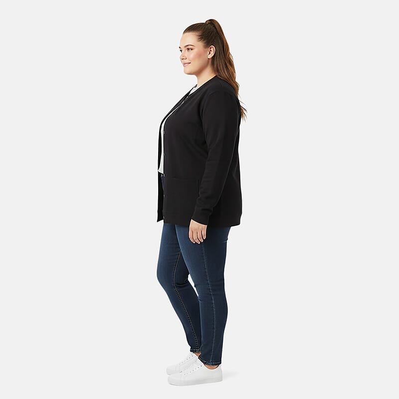 CATALOGUE CLASSIC Black Snap Front Fleece Cardigan with Pockets - 3X