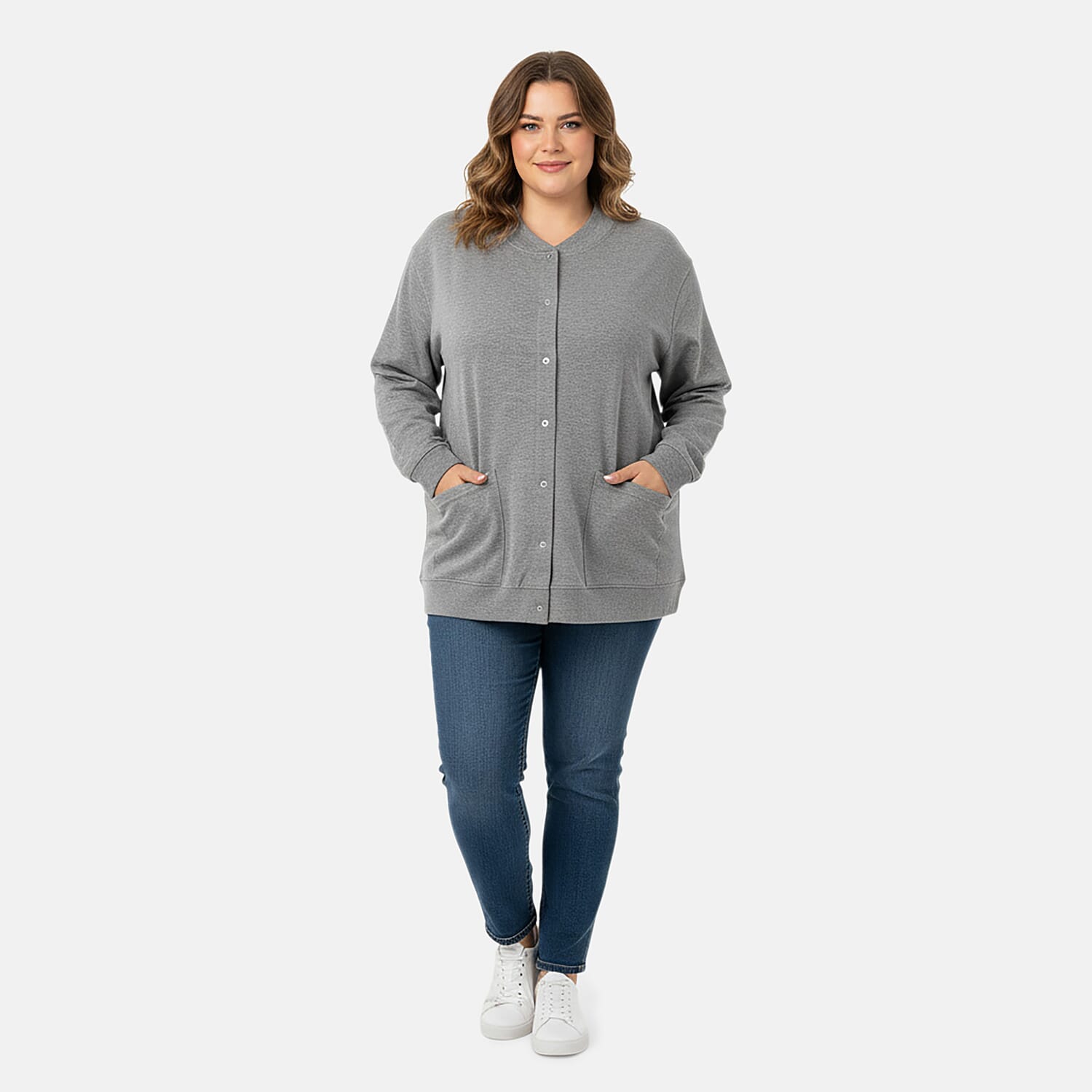 CATALOGUE CLASSIC Heather Gray Snap Front Fleece Cardigan with Pockets - 2X