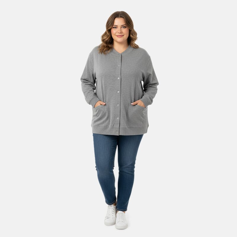 CATALOGUE CLASSIC Heather Gray Snap Front Fleece Cardigan with Pockets - 2X