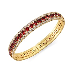 Doorbuster Simulated Ruby Color and White Diamond Cuff Bracelet in Goldtone (7.0 In)
