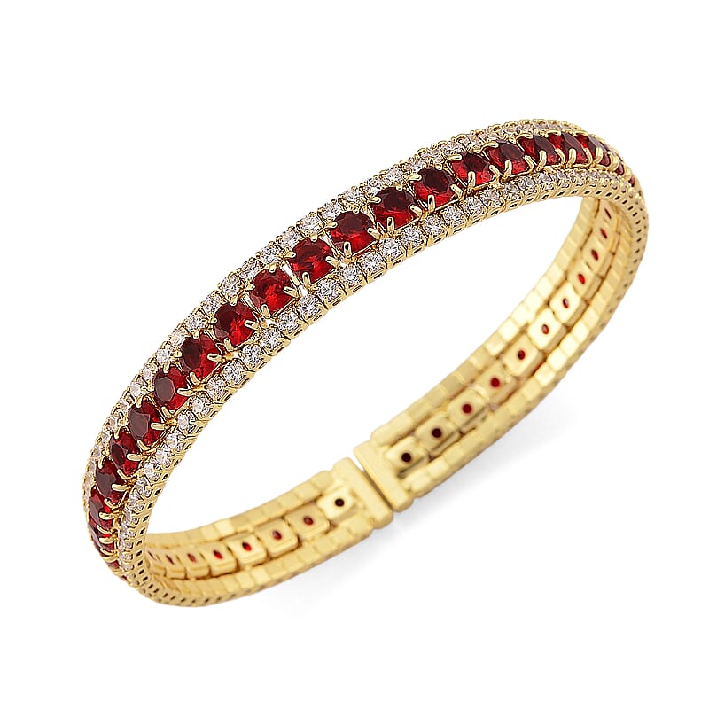 Simulated Ruby Color and White Diamond Cuff Bracelet in Goldtone (7.0 In)