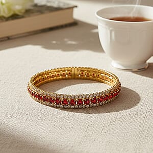 Doorbuster Simulated Ruby Color and White Diamond Cuff Bracelet in Goldtone (7.0 In)