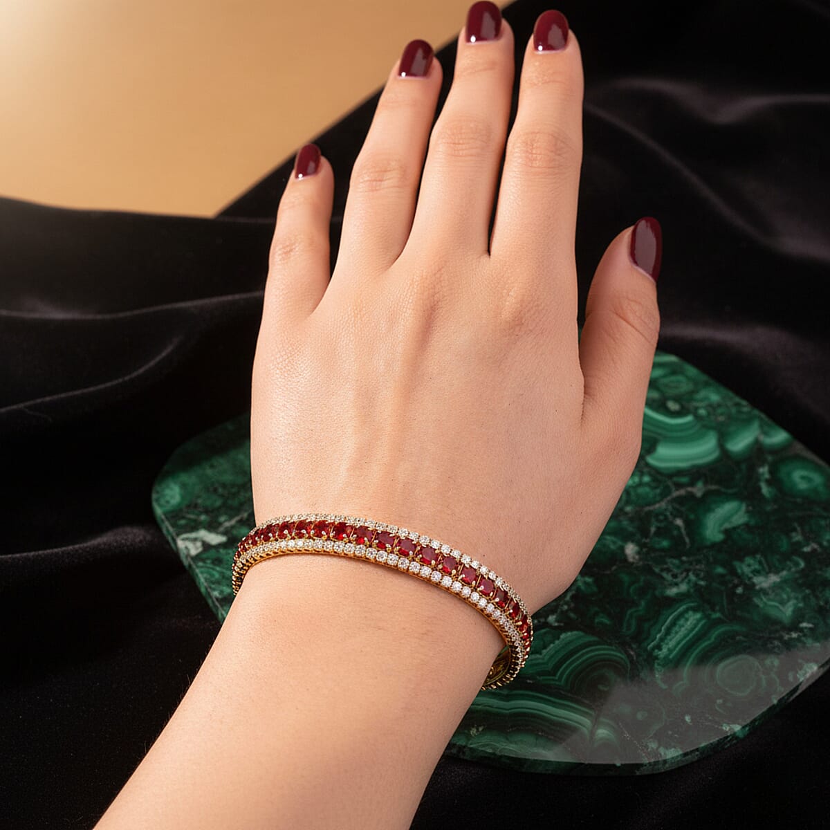 Doorbuster Simulated Ruby Color and White Diamond Cuff Bracelet in Goldtone (7.0 In) image number 2