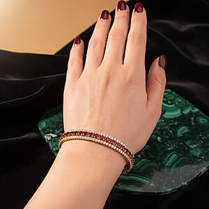 Doorbuster Simulated Ruby Color and White Diamond Cuff Bracelet in Goldtone (7.0 In)