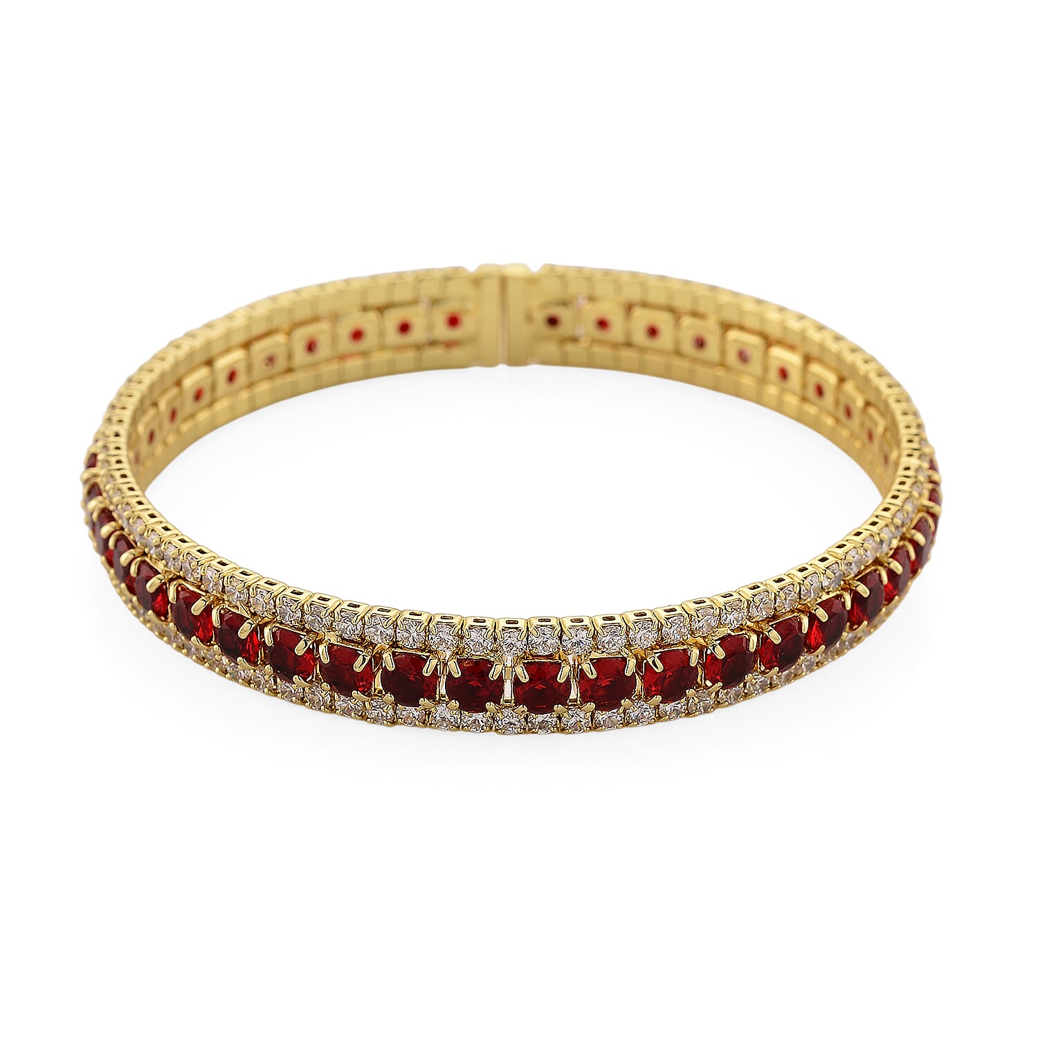 Simulated Ruby Color and White Diamond Cuff Bracelet in Goldtone (7.0 In)