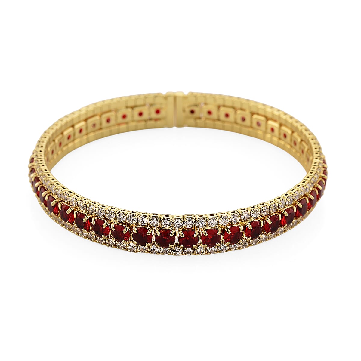 Doorbuster Simulated Ruby Color and White Diamond Cuff Bracelet in Goldtone (7.0 In) image number 3