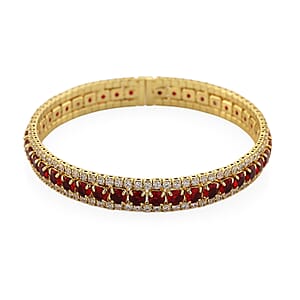 Doorbuster Simulated Ruby Color and White Diamond Cuff Bracelet in Goldtone (7.0 In)