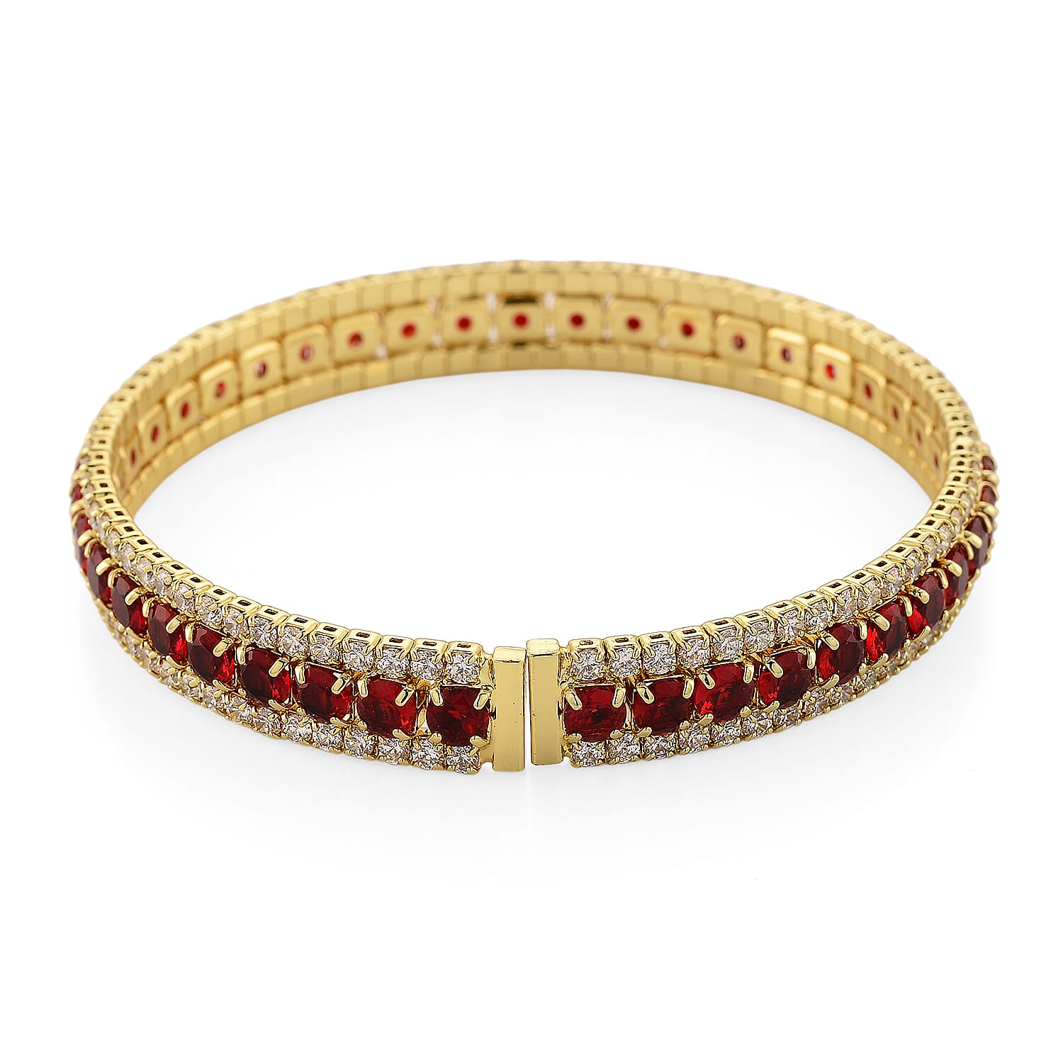 Simulated Ruby Color and White Diamond Cuff Bracelet in Goldtone (7.0 In)