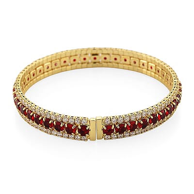 Simulated Ruby Color and White Diamond Cuff Bracelet in Goldtone (7.0 In)