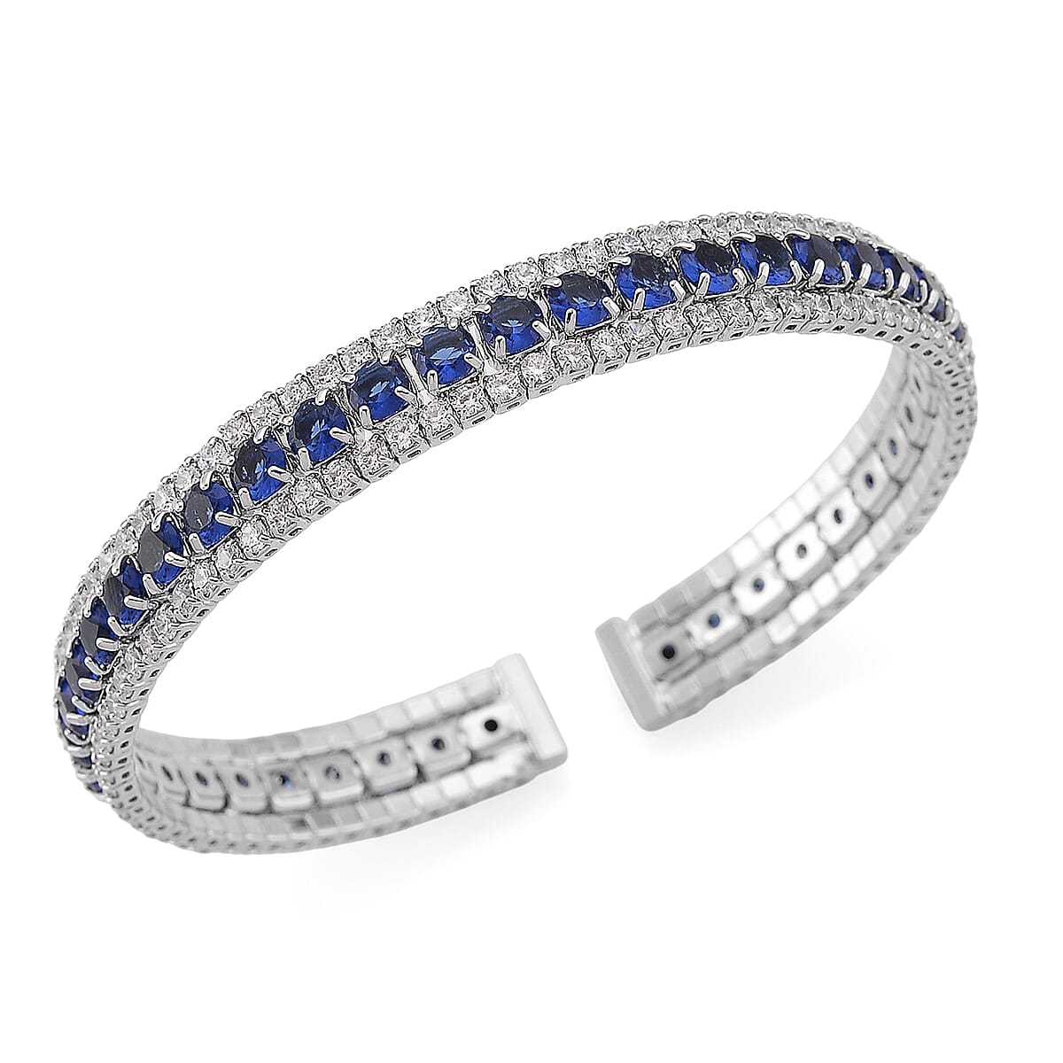  Simulated Blue and White Diamond Cuff Bracelet in Silvertone (7.0 In) image number 0