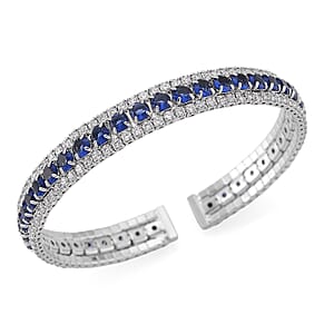 Simulated Blue and White Diamond Cuff Bracelet in Silvertone (7.0 In)