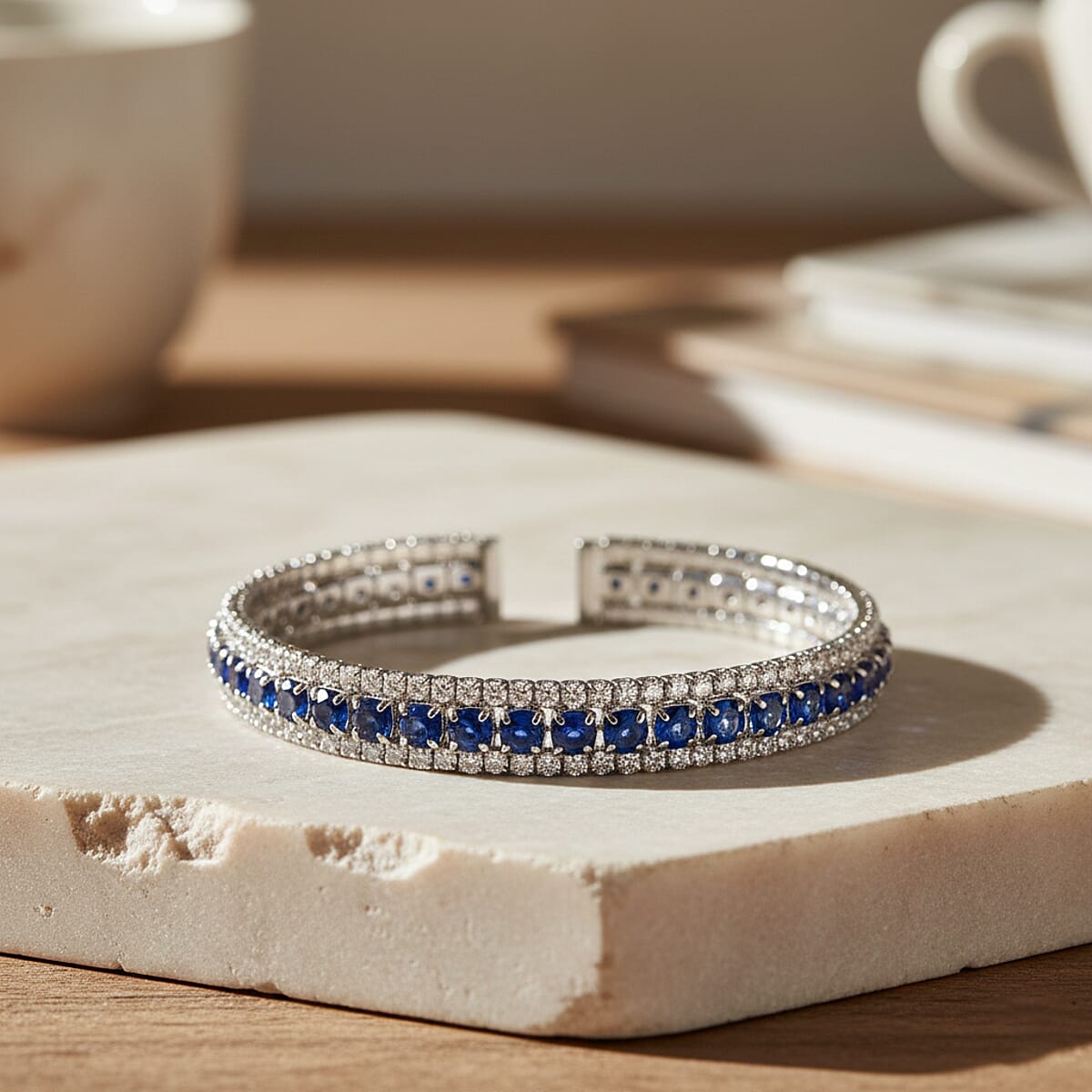  Simulated Blue and White Diamond Cuff Bracelet in Silvertone (7.0 In) image number 1