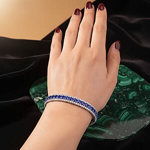 Simulated Blue and White Diamond Cuff Bracelet in Silvertone (7.0 In)