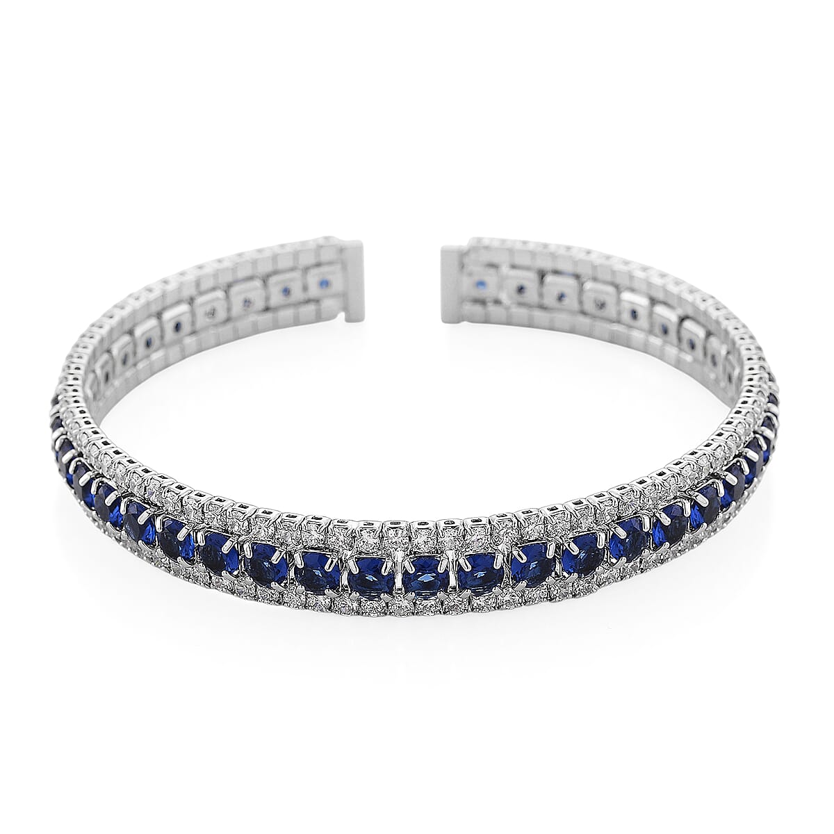  Simulated Blue and White Diamond Cuff Bracelet in Silvertone (7.0 In) image number 3