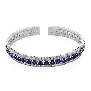 Simulated Blue and White Diamond Cuff Bracelet in Silvertone (7.0 In)