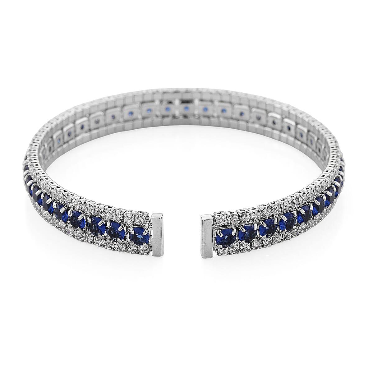  Simulated Blue and White Diamond Cuff Bracelet in Silvertone (7.0 In) image number 4