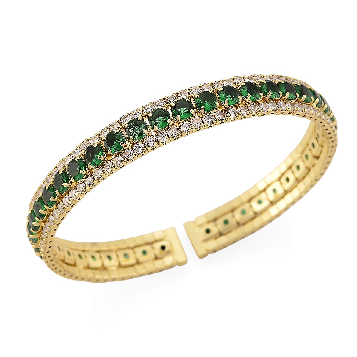 Doorbuster Simulated Green and White Diamond Cuff Bracelet in Goldtone (7.0 In) image number 0