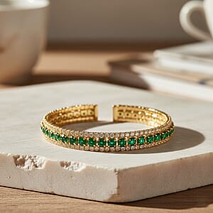 Simulated Green and White Diamond Cuff Bracelet in Goldtone (7.0 In)