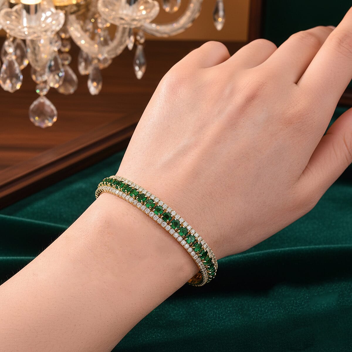 Doorbuster Simulated Green and White Diamond Cuff Bracelet in Goldtone (7.0 In) image number 2