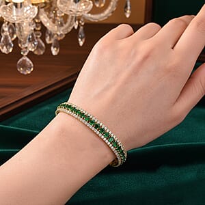 Simulated Green and White Diamond Cuff Bracelet in Goldtone (7.0 In)