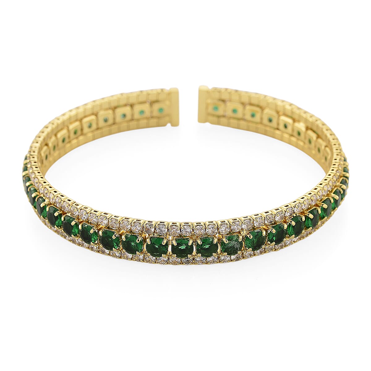 Doorbuster Simulated Green and White Diamond Cuff Bracelet in Goldtone (7.0 In) image number 3
