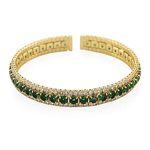 Simulated Green and White Diamond Cuff Bracelet in Goldtone (7.0 In)