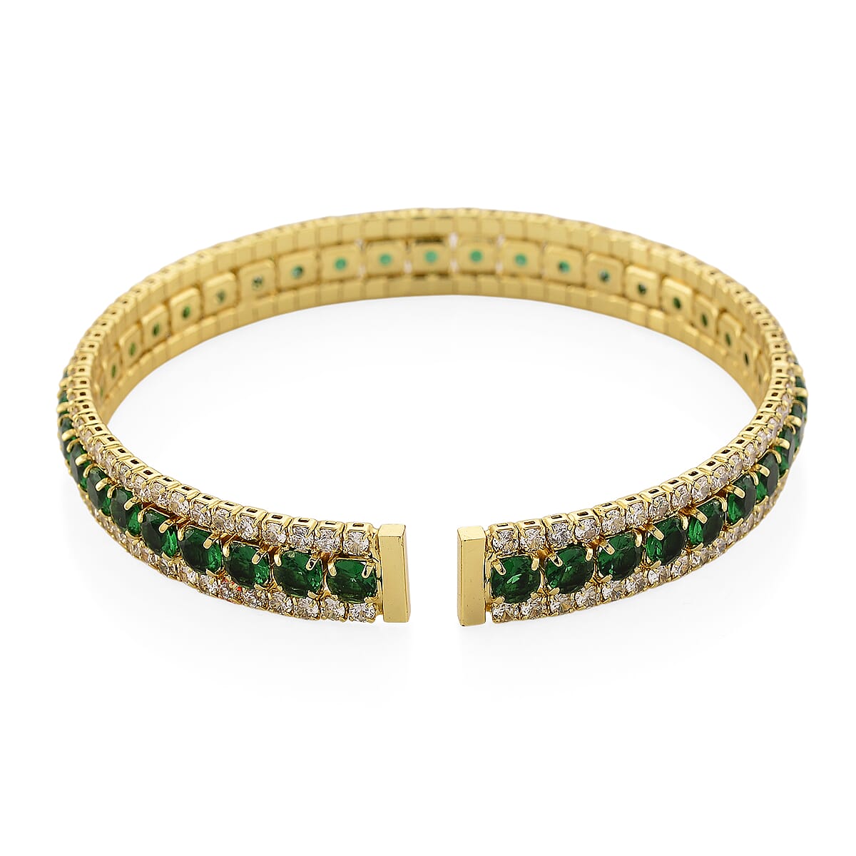 Doorbuster Simulated Green and White Diamond Cuff Bracelet in Goldtone (7.0 In) image number 4