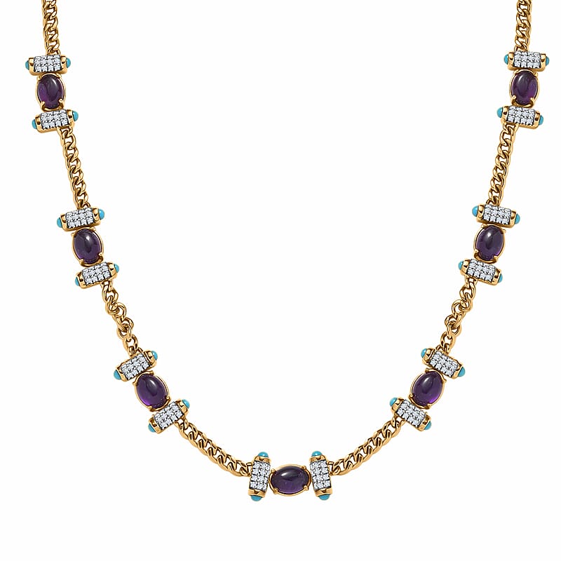GP Royal Art Deco Collection Premium African Amethyst and Multi Gemstone 14.20 ctw Necklace in 18K Vermeil Yellow Gold Over Sterling Silver 18-20 Inches