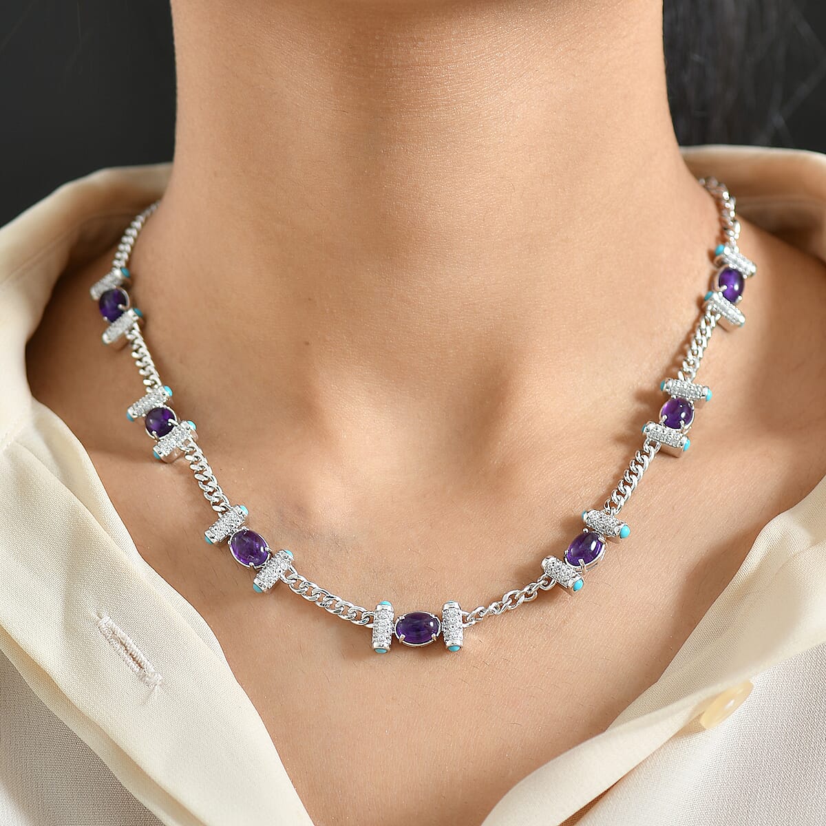 GP Royal Art Deco Premium African Amethyst and Multi Gemstone 14.10 ctw Necklace in 18K Vermeil Yellow Gold Over Sterling Silver 18-20 Inches  image number 3