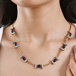 GP Royal Art Deco Collection Premium African Amethyst and Multi Gemstone 14.20 ctw Necklace in 18K Vermeil Yellow Gold Over Sterling Silver 18-20 Inches (Del. in 8-10 Days)