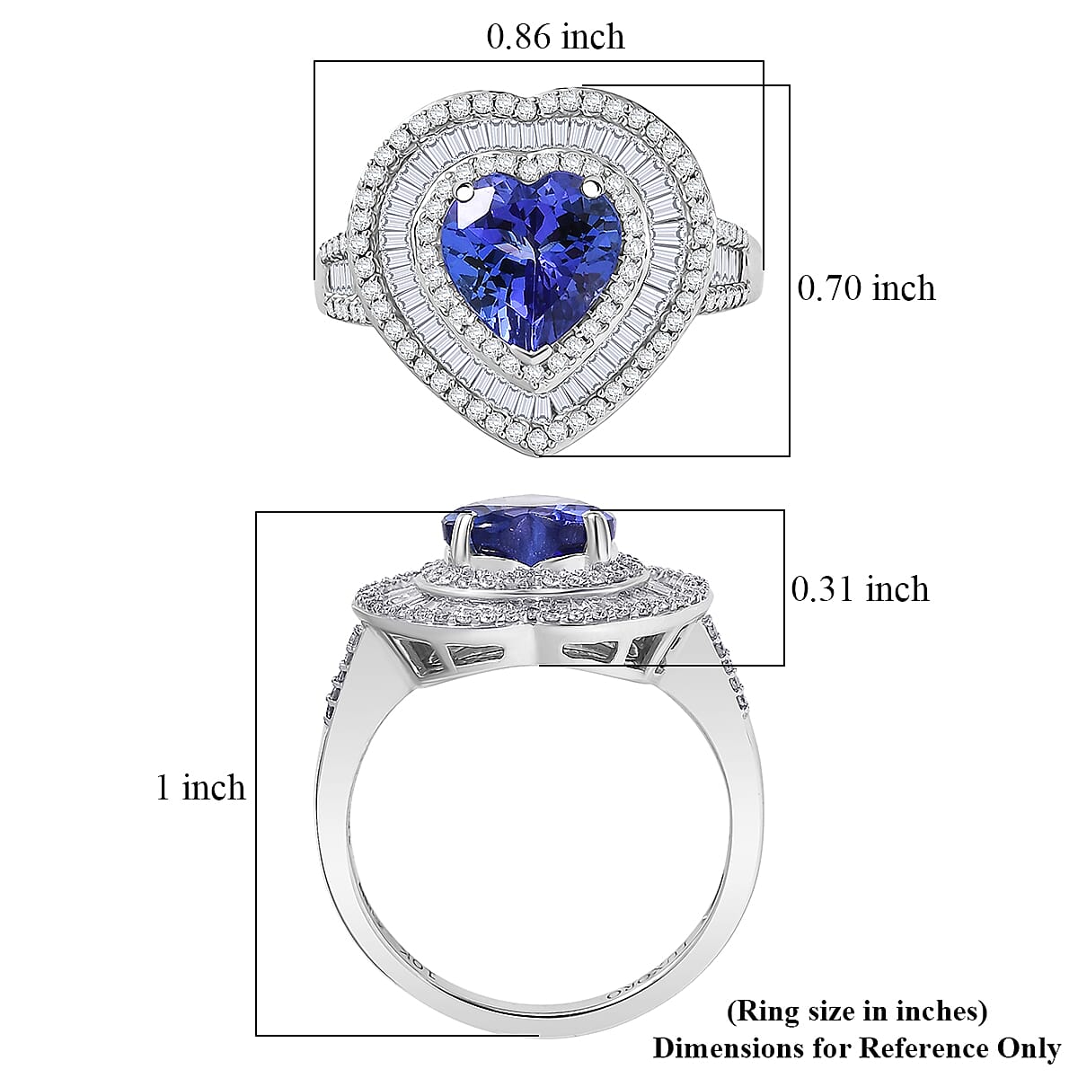 Luxoro 10K White Gold AAA Tanzanite, Diamond (I2) (0.74 cts) Evening Majesty Heart Ring (Size 10.0) (4 g) 2.70 ctw image number 5