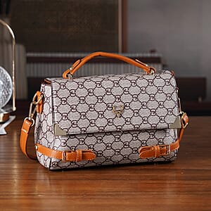 Warehouse Blowout Deal La Marey Light Khaki Signature GD Print Handbag with Shoulder Strap