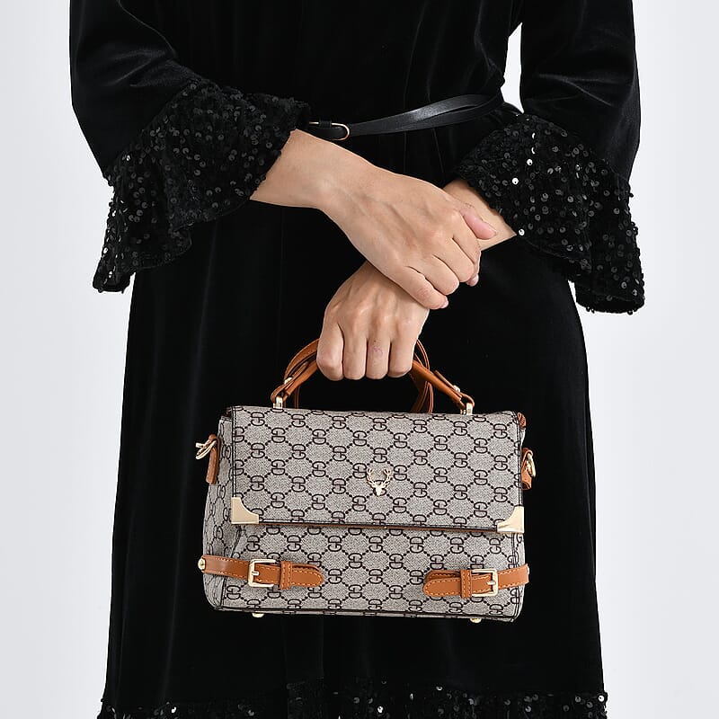 Warehouse Blowout Deal La Marey Light Khaki Signature GD Print Handbag with Shoulder Strap
