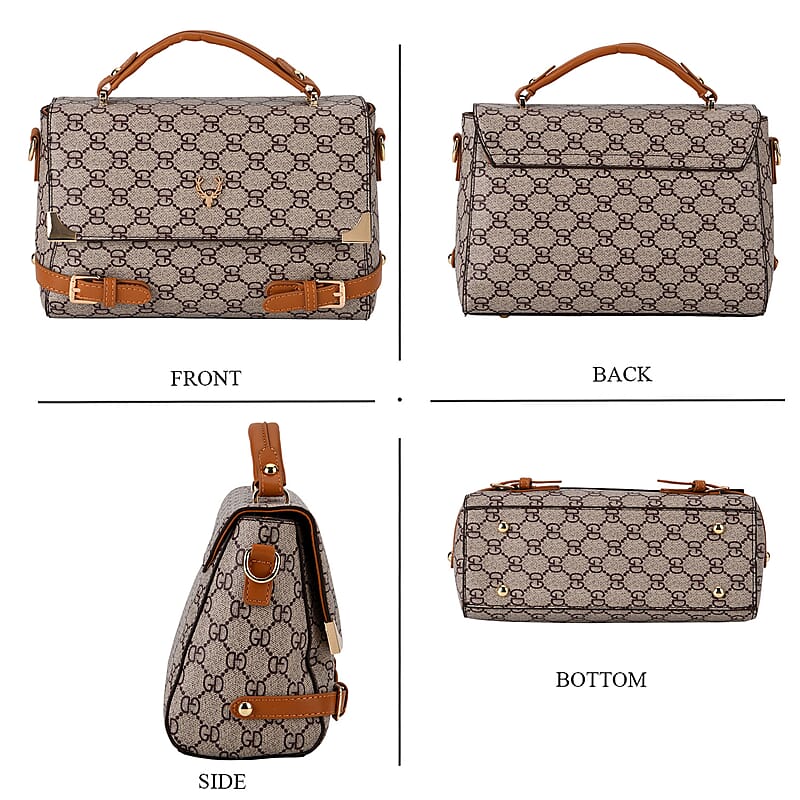 Warehouse Blowout Deal La Marey Light Khaki Signature GD Print Handbag with Shoulder Strap