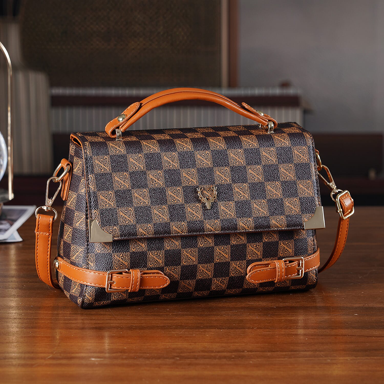 La Marey Light Brown Signature Print Handbag with Shoulder Strap